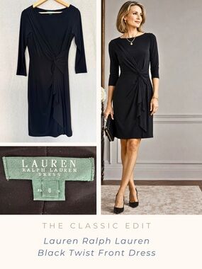 Lauren Ralph Lauren | Black Twist Front Ruched Sheath Dress | Lined | Stretch